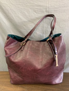 N/L, Dk Purple, Leather, Solid, Tote Style Bag, Gold Hardware, Self Handles, Interior is Emerald Green