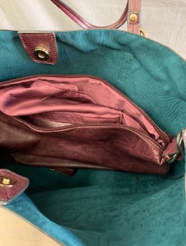 N/L, Dk Purple, Leather, Solid, Tote Style Bag, Gold Hardware, Self Handles, Interior is Emerald Green