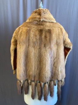 ARILABAUGH, Brown, Fur, Stole, Shawl Collar, 1 Large Fur Covered Button/Loop, Tortoiseshell Loop Closure, Fringe Made of Paws and Tails