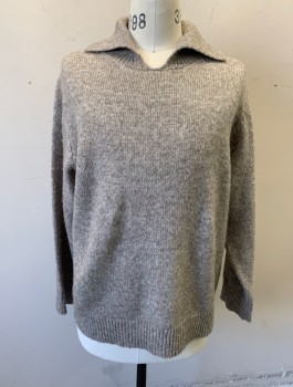 CLUB MONACO, Oatmeal Brown, Wool, Nylon, Solid, Knit, Long Sleeves, V-neck with Rib Knit Collar Attached
