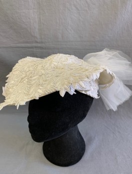 N/L, White, Pearl White, Silk, Beaded, Floral, Wedding Hat, Covered in White Lace with White Pearls, Disc Shape with Pointed End Over Forehead, Large Tulle Bow in Back, Bridal Veil