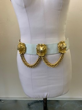 JUDITH LEIBER, White, Gold, Leather, Metallic/Metal, Solid, White Leather with Gold Lions & Chain Link