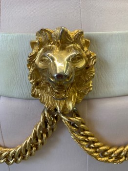 JUDITH LEIBER, White, Gold, Leather, Metallic/Metal, Solid, White Leather with Gold Lions & Chain Link