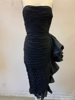 Marion Wagner, Black, Polyester, Solid, Strapless , Asymmetrical Rouched Two Layer Jersey,  side Flounce Along Left Side , Ribbon Belt Inside