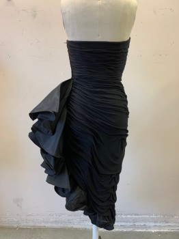 Marion Wagner, Black, Polyester, Solid, Strapless , Asymmetrical Rouched Two Layer Jersey,  side Flounce Along Left Side , Ribbon Belt Inside