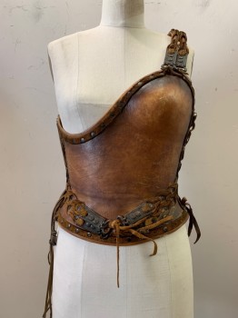 NO LABEL, Brown, Leather, Metallic/Metal, Solid, Heavy, Molded, Asymmetrical, Warrior, Greek, Roman, Lacing/Ties And Sides