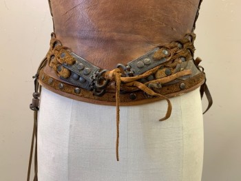 NO LABEL, Brown, Leather, Metallic/Metal, Solid, Heavy, Molded, Asymmetrical, Warrior, Greek, Roman, Lacing/Ties And Sides