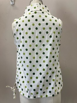 N/L, Off White, Green Polka-dots, Cowl Neck, Sleeveless, Pleated Fronts At Neck, Bottom D-string