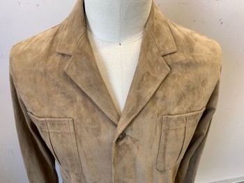 CARROLL & CO, Lt Brown, Suede, Solid, Single Breasted, 3 Buttons,  Notched Lapel, 4 Patch Pocket,