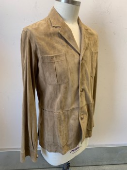 CARROLL & CO, Lt Brown, Suede, Solid, Single Breasted, 3 Buttons,  Notched Lapel, 4 Patch Pocket,