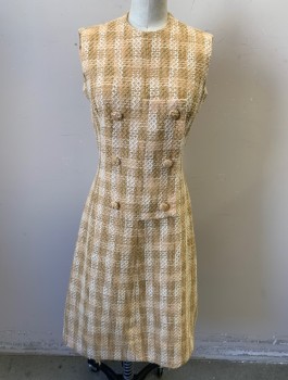 SUZANNE PONTIEU, Tan Brown, Beige, Cream, Cotton, Stripes - Vertical , Grid , Straw Colored Fabric with "X" Shaped Embroidery, Sleeveless, Round Neck, Unusual Double Breasted Panel at Waist with Self Covered Buttons, Knee Length,