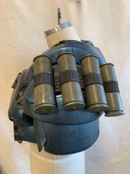 N/L MTO, Iridescent Blue, Pewter Gray, Silver, Fiberglass, Foam, Shoulder Piece, Aged Metallic Finish, Chunky Padding at Shoulders with 4 Silver "Metal" Cannisters on Each Side, Silver Decorative Buckles, Made To Order, Futuristic, Superhero