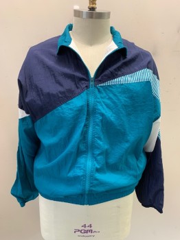 AVAIT SPORTIF, Navy Blue, Teal Blue, White, Nylon, Color Blocking, Stripes, Zip Front, 2 Pockets, Asymmetrical Pattern, Elastic Waistband And Cuffs