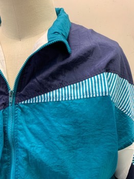 AVAIT SPORTIF, Navy Blue, Teal Blue, White, Nylon, Color Blocking, Stripes, Zip Front, 2 Pockets, Asymmetrical Pattern, Elastic Waistband And Cuffs