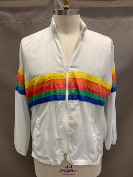 NL, White, Multi-color, Nylon, Color Blocking, Stripes, Zip Front, 2 Pockets, Zip In Hood, Rainbow Stripes, Faded Logo On Chest