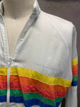 NL, White, Multi-color, Nylon, Color Blocking, Stripes, Zip Front, 2 Pockets, Zip In Hood, Rainbow Stripes, Faded Logo On Chest