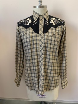 KARMAN, Beige, Black, Poly/Cotton, Plaid, Floral, C.A., Snap Front, L/S, 2 Pckts, Floral Embroidery At Shoulders And Yoke, "Kenny Rogers Western Collection "