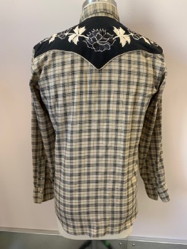 KARMAN, Beige, Black, Poly/Cotton, Plaid, Floral, C.A., Snap Front, L/S, 2 Pckts, Floral Embroidery At Shoulders And Yoke, "Kenny Rogers Western Collection "