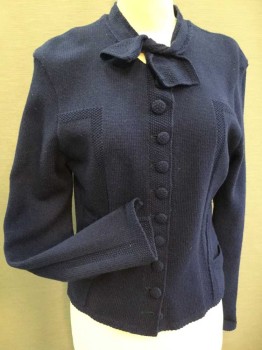 MTO, Navy Blue, Wool, Solid, Round Neck with Bow Tie Attached, Self Covered Buttons, 2 Bottle Shaped Appliquéd Pockets, Long Sleeves, Double, Cardigan