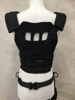 NO LABEL, Black, Cotton, Nylon, Tactical Style Vest, Pockets With Scifi Devices, Waist And Leg Straps, Elastic Sides, Black And Silver Hardware, Velcro Closure, Waist Belt Buckle