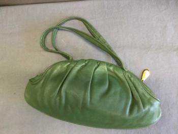 N/L, Green, Leather, Solid, Oval Shape, Gathered, Zip Closure, 2 Hand Straps