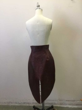 N/L MTO , Maroon Red, Leather, Reptile/Snakeskin, Maroon Reptile Texture Overskirt.  Short at Front with 4 Button Front, Long Back with Slit Center Back,