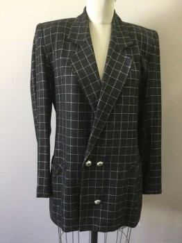 NOVIELLO BLOOM, Charcoal Gray, Silver, Rayon, Acetate, Grid , Double Breasted, 4 Buttons, Notched Lapel, 2 Pockets,  Long Length