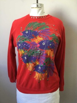 HANES, Red, Purple, Green, Gold, Yellow, Cotton, Acrylic, Novelty Pattern, Red Sweatshirt with Multicolor Puffy Paint Fish, Long Sleeves, Raglan Sleeve, Ribbed Knit Crew Neck with Puffy Paint Dots, Ribbed Knit Waistband/Cuffs
