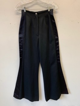NO LABEL, Black, Wool, Synthetic, Solid, Tuxedo Pants, High Waist, Very Wide Flared Bell Bottom Legs, Satin Panel At Sides, Zip Fly,