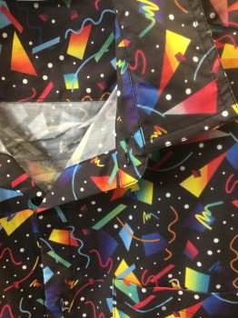N/L, Black, Multi-color, Cotton, Spandex, Geometric, Abstract , Men's Romper Jumpsuit, Black with Rainbow Color Confetti Geometric Shapes, Short Sleeves, Button Front, Shorts Length, Belt Loops at Waist, 1 Patch Pocket at Chest, 2 Pockets at Sides