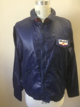 DUNLOP, Navy Blue, Nylon, Solid, Zip Front, Stand Collar, Mobil Logo Patch on Chest, 2 Zip Pockets,