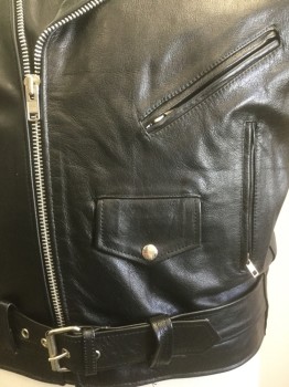 X ELEMENT , Black, Leather, Solid, Novelty Pattern, Silver Metal Zipper, 4 Pockets, Self Belt, Epaulets, Patches "the Vicious Cycles, New York" Wolf with Cigar, Quilted Lining, Modeled on a 44, Motorcycle