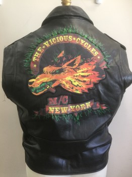 X ELEMENT , Black, Leather, Solid, Novelty Pattern, Silver Metal Zipper, 4 Pockets, Self Belt, Epaulets, Patches "the Vicious Cycles, New York" Wolf with Cigar, Quilted Lining, Modeled on a 44, Motorcycle