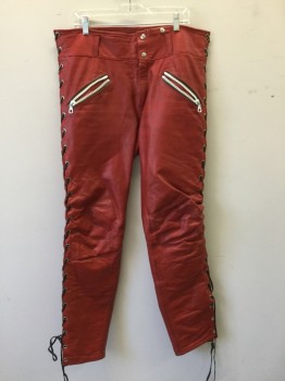 N/L, Red, Leather, Solid, Open Sides with Grommet Laces, 3" Waistband, Zip Front, Snap Front, 2 White Zip Pockets, Reinforced Knees