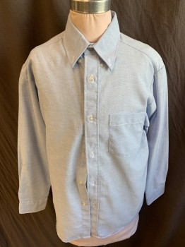 VAN HEUSEN, Baby Blue, Cotton, Polyester, Oxford Weave, Collar Attached, Button Down, Button Front, 1 Pocket, Long Sleeves, Curved Hem