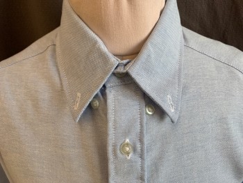VAN HEUSEN, Baby Blue, Cotton, Polyester, Oxford Weave, Collar Attached, Button Down, Button Front, 1 Pocket, Long Sleeves, Curved Hem