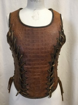 MTO, Caramel Brown, Black, Leather, Vinyl, Reptile/Snakeskin, Solid, Scoop Neck, Sleeveless, Hidden Zip Back, Lace Up Sides and Princess Seams, Cotton Lined, Corset Boning, Warrior Princess, Future Tough Girl, Adjustable, Multiples