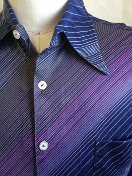 CAPRI WEST , Navy Blue, Pink, Brown, Silver, White, Polyester, Stripes - Diagonal , Collar Attached, Button Front,1 Pocket, Long Sleeves