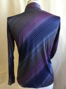 CAPRI WEST , Navy Blue, Pink, Brown, Silver, White, Polyester, Stripes - Diagonal , Collar Attached, Button Front,1 Pocket, Long Sleeves