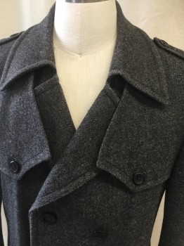 STRATO-JAC, Heather Gray, Wool, Solid, Double Breasted, Collar Attached, 2 Button Down Shoulder Flaps Front, Epaulets, 2 Pockets, Belted Tab at Cuffs, Belt Loops (No Belt), Scallopped Back Yoke