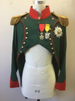 N/L MTO, Forest Green, Red, Gold, Wool, Solid, Napoleon Set, Jacket: Tail Cutaway Jacket, High Cut on Chest, Red Stand Collar, 2 Rows of Gold Buttons, Large Gold Epaulettes, Assorted Metals/Badges, Red Cuffs,  Has Horns Center Back on the Tails, Early 1800's Regency, ***Includes the Following Non Coded Accessories: Bicorn Hat, Red Faille Sash, Cream Suede Leather Belt with Holster, Prop Dagger is Removable From Sheath, All in Photos, No Changes May Be Made to This Costume.