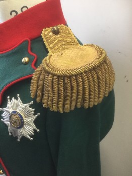 N/L MTO, Forest Green, Red, Gold, Wool, Solid, Napoleon Set, Jacket: Tail Cutaway Jacket, High Cut on Chest, Red Stand Collar, 2 Rows of Gold Buttons, Large Gold Epaulettes, Assorted Metals/Badges, Red Cuffs,  Has Horns Center Back on the Tails, Early 1800's Regency, ***Includes the Following Non Coded Accessories: Bicorn Hat, Red Faille Sash, Cream Suede Leather Belt with Holster, Prop Dagger is Removable From Sheath, All in Photos, No Changes May Be Made to This Costume.