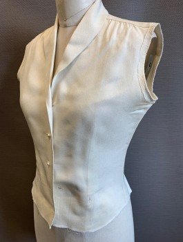 N/L MTO, Cream, Polyester, Solid, Crepe, Sleeveless with Sleeves Removed, Button Front with Pearl Buttons, Shawl Collar, V-neck, Gathered at Shoulders, Fitted, Made To Order Reproduction