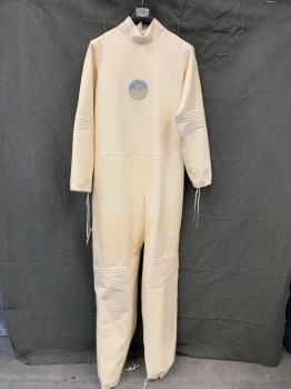 MTO, Cream, Rubber, Solid, Stand Collar, Zip Back Center Front Circle Patch, Long Sleeves, Foam Filled Quilted Elbows and Knees, Clear Plastic String Tie Back Through Self Loops, Drawstring Sleeve and Leg Hems, Multiples