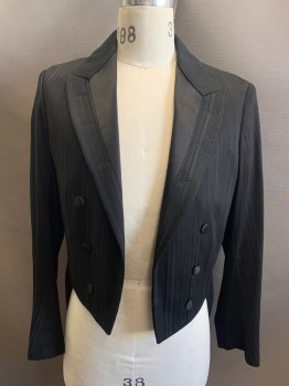 MTO, Black, Wool, Silk, Stripes - Vertical , 1880s, Tail Coat with 2 Pairs of Pants, Self Stripes, Solid Black Inset of Peaked Lapel with 3 Button Holes on Both Sides, 6 Buttons, Victorian