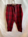 FIELD MASTER, Red, Black, Wool, Plaid, Breeches, Side Pockets, Button Front, 2 Welt Pockets, Perforations for Laces on Sides Hem