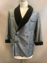 BERGDORF GOODMAN, Gray, Black, Silk, Paisley/Swirls, Brocade, Black Velvet Shawl Lapel, Double Breasted, Button Front, 3 Pockets, Braided Cord Piping on Lapel, Pockets & Cuffs