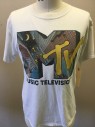HANES, White, Multi-color, Cotton, Logo , With Graphic Logo of "MTV" on Front, S/S, CN, Multiples,