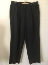 WOODY WILSON COLL, Black, Wool, Solid, No Waist Band, Pleated Front with Pleats As Belt Loops, Zip Fly, Slit Pockets,