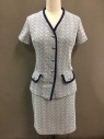 N/L, White, Navy Blue, Polyester, Geometric, 2 Piece Suit: Jacket Is Short Sleeve,  V-neck, 5 Silver Buttons, 2 Faux Pockets, Solid Navy Accents/Trim, Purple Half Lining,